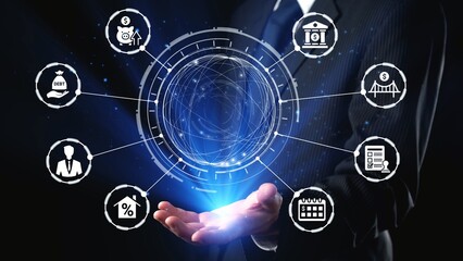 Obraz premium Loan icons represent debt, repayment, and financial planning. Loan supports banking, loan connects credit with payment systems, and loan helps manage interest effectively. Gist