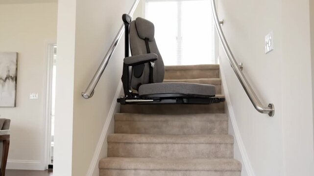 Stair Lift Chair on Steps - This video showcases a gray stair lift chair installed on carpeted stairs with a stainless steel handrail.