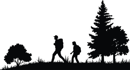 Silhouette of two hikers walking through forest with backpacks, grass and trees, outdoor nature travel vector illustration for adventure themes © Empowerment angle 