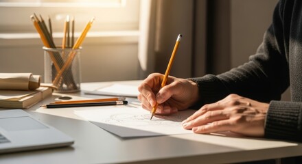 Close-up of hands sketching in a small home studio. Afternoon light, subtle concentration, realistic compact workspace for creative productivity, no faces shown