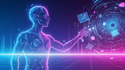 Futuristic Metaverse Concept with Wireframe Human Interacting with Digital Data HUD, Artificial Intelligence and Cyberpunk Tech Illustration