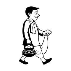 A charming cartoon illustration of a smiling man in traditional attire carrying a pot of sweets.