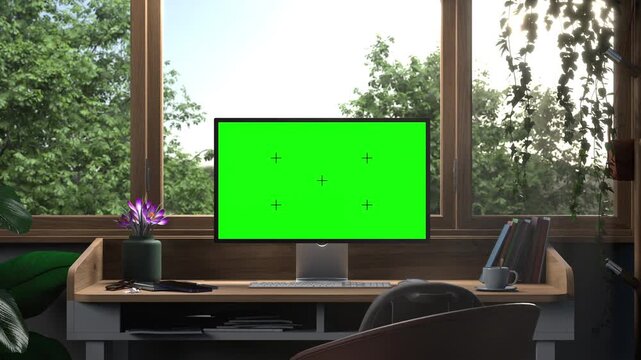 Computer screen mockup zooming out in cozy home office with summer view