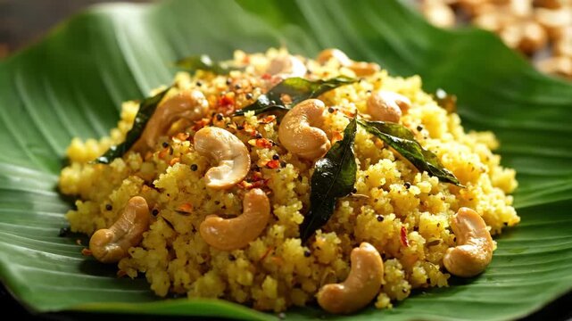 Upma Served on Banana Leaf - This is an video of delicious Indian upma, a traditional dish made with semolina, cashews, and spices.