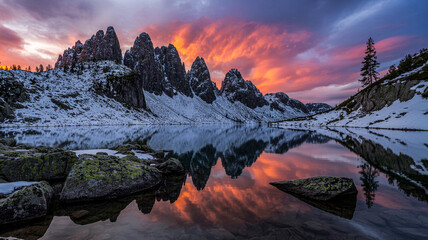 Stunning alpine lake reflects dramatic sunset over snow-covered jagged mountains