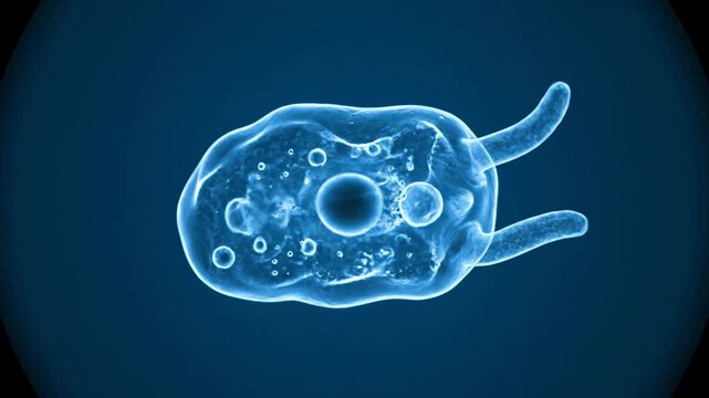 Microscopic View of an Amoeba - This video captures a highly detailed, microscopic view of an amoeba, showcasing its transparent cellular structure and nucleus against a blue background.