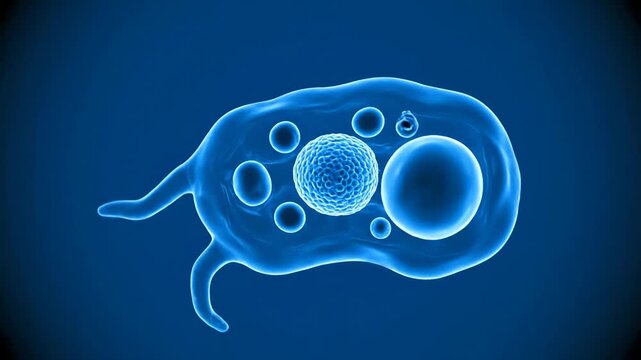 Digital Illustration of a Single-Celled Organism - A detailed digital illustration depicts a single-celled organism with an array of internal structures, including a prominent nucleus.
