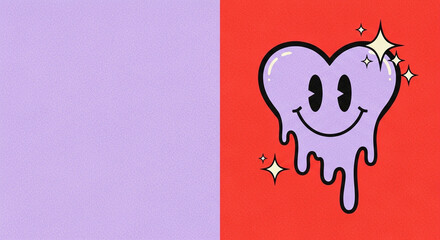 Groovy melting purple smiley face heart graphic contrasts against vibrant contrasting background colors
