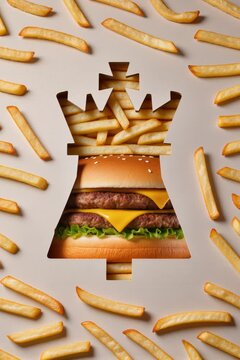 Video publicitario conceptual que utiliza la silueta de la cabeza del rey ajedrez en cart&oacute;n para ocultar un premio. Met&aacute;fora visual, estrategia, descubrimiento y recompensa, burger y patatas fritas