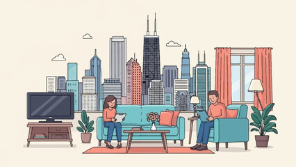 Naklejka premium Two people relax indoors with city skyline backdrop