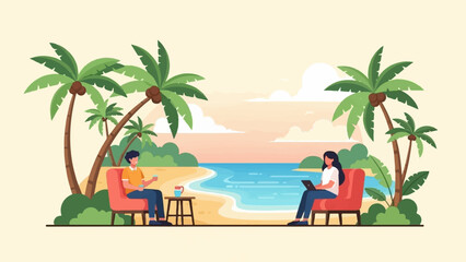 Fototapeta premium Two people relax on a beach, one with a drink, the other with a laptop