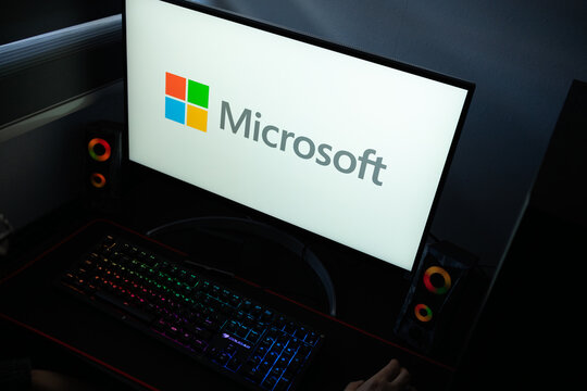 Punta Arenas, Chile &ndash; January 20, 2026: Iconic four-color window logo of Microsoft Corporation displayed on a professional computer monitor