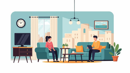 Two people relaxing in a living room with city views