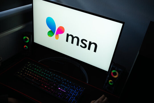 Punta Arenas, Chile &ndash; January 20, 2026: Rebranded MSN butterfly logo featuring the 2024 Fluent Design gradient displayed on a professional computer monitor