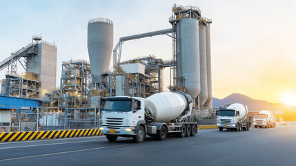 Obraz premium Concrete trucks moving from a large industrial plant at dawn, delivering materials for infrastructure and manufacturing projects