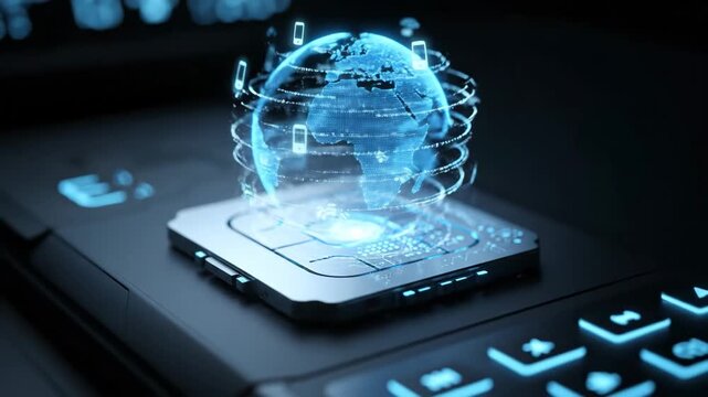 Futuristic eSIM Card Hologram Projection - This video showcases a futuristic holographic projection of the Earth emerging from an eSIM card chip.