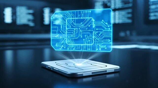Futuristic SIM Card Projection - The video shows a metallic SIM card with a bright projection of a blue circuit board emanating from it.