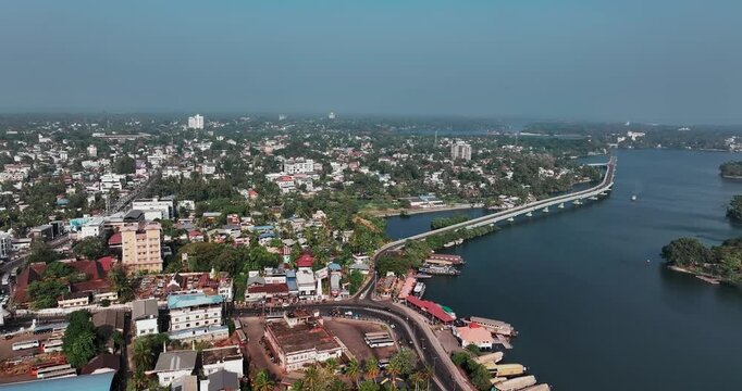 Aerial view of Kollam city in the state of Kerala, on India's Malabar Coast. It&rsquo;s known as a trade hub and for its beaches, like lively Kollam and secluded Thirumullavaram. Bridge to nowhere, Kollam.