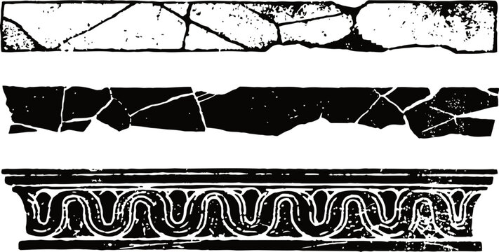 Ancient decorative border patterns with cracked stone texture and classical ornamental design strip