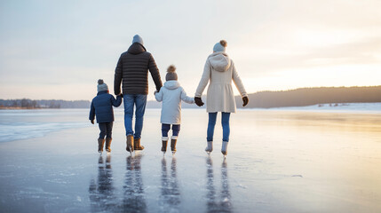 Naklejka premium Family ice skating together on a natural frozen lake during golden hour, enjoying winter leisure and bonding