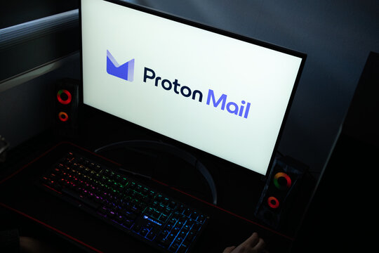 Punta Arenas, Chile &ndash; January 20, 2026: Modern Proton Mail "portal" icon and wordmark displayed on a professional computer monitor.