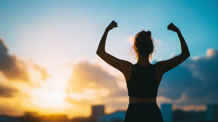 Female athlete celebrating achievement standing in silhouette doing strong pose against sunset sky