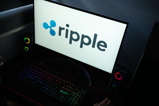 Punta Arenas, Chile &ndash; January 20, 2026: High-angle view of the Ripple Payments and XRP Ledger branding on a PC screen with a backlit mechanical keyboard