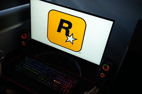 Punta Arenas, Chile &ndash; January 20, 2026: High-angle view of the Rockstar Games branding on a PC screen with a backlit mechanical keyboard