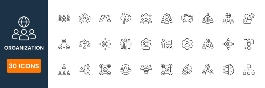 organization and management icon set, business structure and workflow symbols, corporate hierarchy vector flat icons
