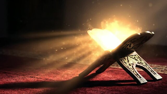 The radiant light of the holy quran emanating divine wisdom on a traditional stand