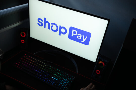 Punta Arenas, Chile &ndash; January 20, 2026: Iconic purple Shop Pay "accelerated checkout" button and logo displayed on a professional computer monitor