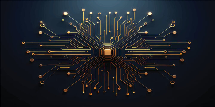 Abstract tech background featuring circuit patterns and blue chip design. Digital board texture with electronic lines for futuristic data concepts. Digital technology