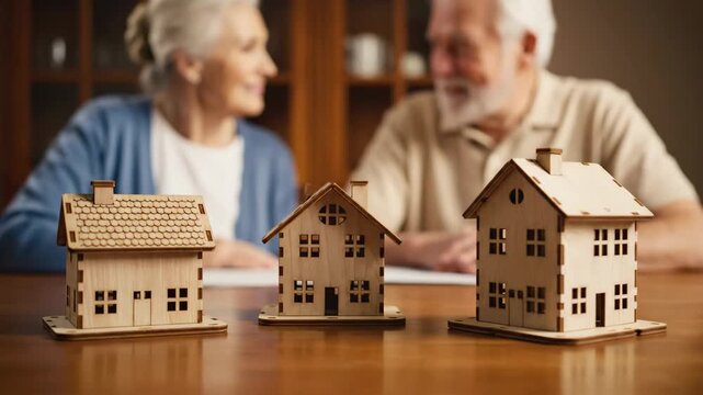 Senior Couple Estate Planning with House Models - A blurred senior couple sit behind three wooden house models on a table, representing property and legacy planning.