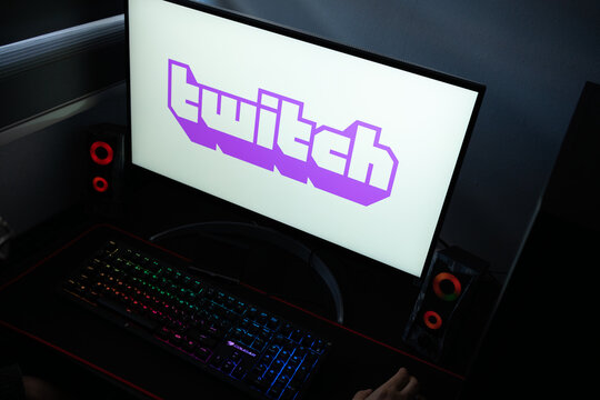 Punta Arenas, Chile &ndash; January 20, 2026: Iconic purple and white Twitch "Glitch" logo and wordmark displayed on a professional computer monitor