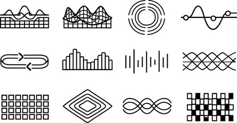 Image Generation. Line style vector icons of music audio player audio settings: amplitude mesh, amplitude mesh, pulse ring, wave