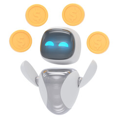 Robot with coins 3d render icon style minimal isolated on transparent white background	
