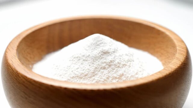 Fine White Zinc Oxide Powder in Wooden Bowl - The video depicts a small wooden bowl filled with fine white zinc oxide powder.