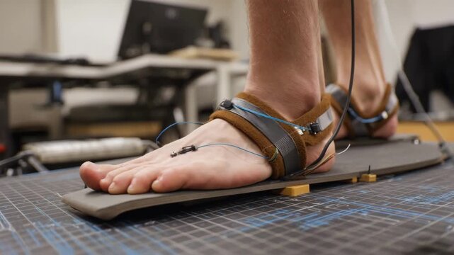 Medium shot of foot arch support testing using sensors and visual aids to track biomechanical changes during different activities focusing on functional effectiveness