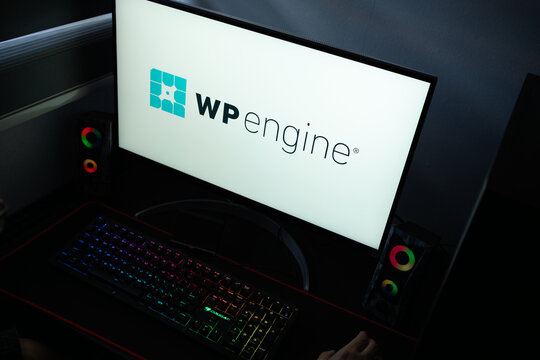 Punta Arenas, Chile &ndash; January 20, 2026: High-angle view of the WP Engine managed WordPress hosting logo on a PC screen