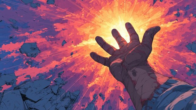 崩壊する世界で差し伸べられた傷ついた手と巨大な希望の光