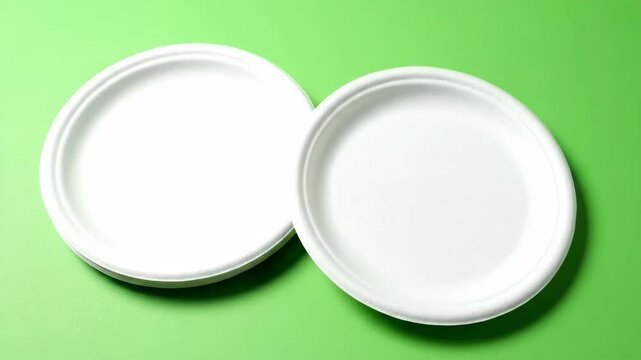 Eco-Friendly White Paper Plates on Green Background - The video features two eco-friendly white paper plates placed against a vibrant green background.