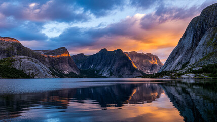 Majestic fjord mountains reflect vibrant sunset colors across calm blue waters