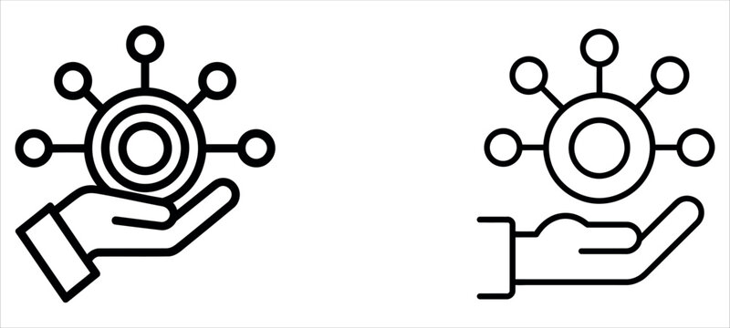 Hand holding a network hub icon representing connectivity and shared resources vector illustration.