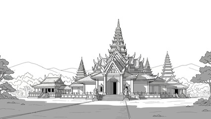 Ornate Asian Temple Architecture with Pagoda Spires in Monochrome