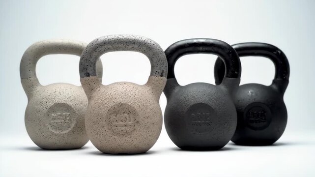 Kettlebells in Neutral Tones - Four textured kettlebells stand in a row against a plain white background. The kettlebells are varying shades of neutral tones, showcasing a minimalist aesthetic.
