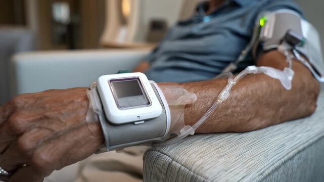 Medium shot of a patient wearing a sleek wearable device that tracks vital signs continuously during dialysis highlighting comfort and mobility.