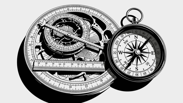Antique Compass and Astrolabe with Ruler on White Background