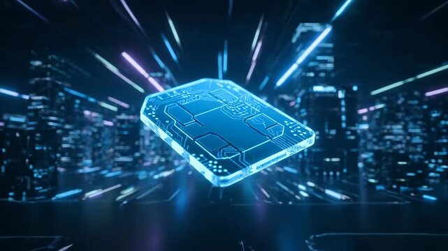 Futuristic Digital E-SIM Card Concept - This video depicts a glowing digital E-SIM card floating in a futuristic cityscape.
