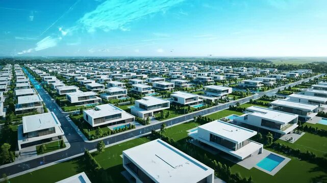 Futuristic Suburban Neighborhood with Digital Grid Overlay - Aerial view of a futuristic suburban neighborhood featuring modern, rectangular houses with pools, set in a grid pattern.