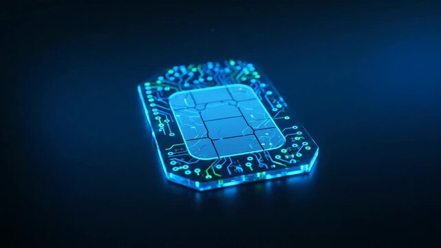Futuristic E-SIM Card on a Glowing Circuit Background - This video showcases a futuristic, glowing E-SIM card with intricate circuit patterns against a dark, atmospheric backdrop.